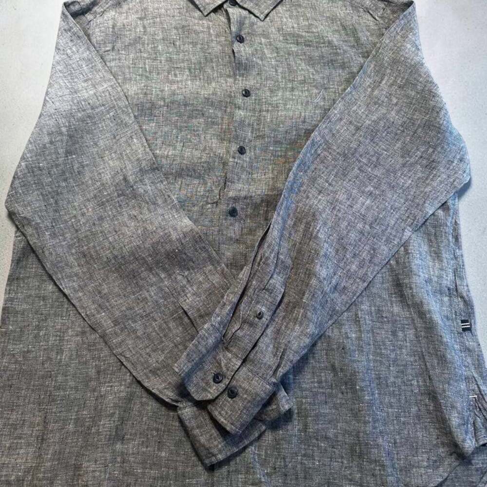 Nautica 100% Linen Long Sleeve Button Up Shirt Blue Chambray Lightweight Casual